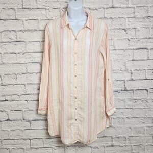 🌼ANTIBES BLANC Linen Tunic Length  Top Women Sz Medium Roll Tab Sleeves FLAW